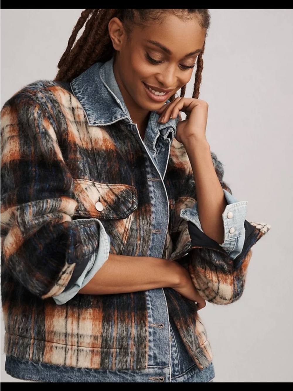 Anthropologie Plaid Denim Mix. Blue, Brown & Cream